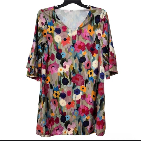 Women's Floral Multicolor V Neck Tiered Bell Sleeves Tunic Dress Sz Large - Picture 2 of 6